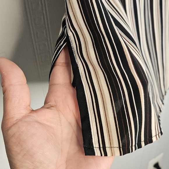 Elementz Striped Button Down Women's Short Sleeve Roll Tab Blouse Cream Black 1X - Picture 4 of 12